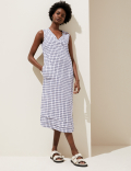Linen Blend Checked V-Neck Midi Shift Dress