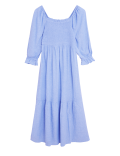 Linen Blend Shirred Midi Smock Dress