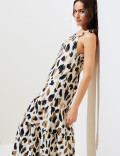 Linen Blend Animal Print Maxi Tiered Dress