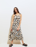 Linen Blend Animal Print Maxi Tiered Dress