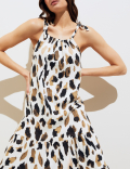 Linen Blend Animal Print Maxi Tiered Dress