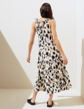 Linen Blend Animal Print Maxi Tiered Dress