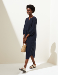 Linen Blend V-Neck Midi Waisted Dress