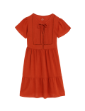 Linen Blend Tie Neck Mini Tiered Dress