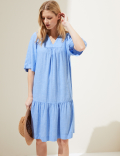 Linen Blend V-Neck Knee Length Tiered Dress