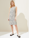 Linen Rich Printed Round Neck Shift Dress