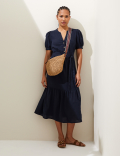 Linen Blend V-Neck Tie Waist Midi Tea Dress
