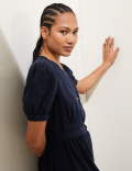 Linen Blend V-Neck Tie Waist Midi Tea Dress