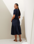 Linen Blend V-Neck Tie Waist Midi Tea Dress