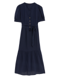 Linen Blend V-Neck Tie Waist Midi Tea Dress