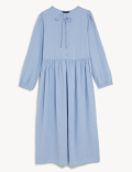 Linen Rich Tie Neck Midi Waisted Dress