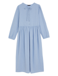 Linen Rich Tie Neck Midi Waisted Dress