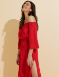 Embroidered Bardot Maxi Waisted Beach Dress