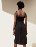 Square Neck Shirred Midi Dress
