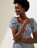 Pure Cotton Gingham Shirred Waisted Dress