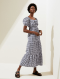Pure Cotton Gingham Shirred Waisted Dress