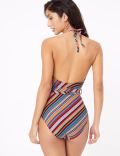 Chevron Printed Belted Halter Neck Swimsuit