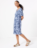Linen Floral V-Neck Shift Dress