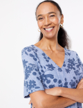 Linen Floral V-Neck Shift Dress