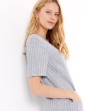 Linen Blend Striped V-Neck Shift Dress