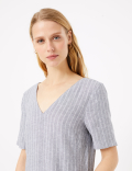 Linen Blend Striped V-Neck Shift Dress