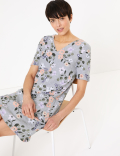 Linen Floral V-Neck Shift Dress