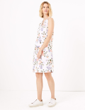 Linen Floral V-Neck Shift Dress