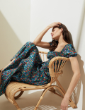 Pure Cotton Floral Midi Waisted Dress