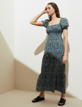 Pure Cotton Floral Midi Waisted Dress