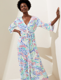 Animal Print V-Neck Shirred Maxi Dress