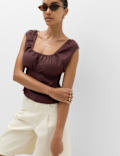 Pure Linen Square Neck Ruched Top