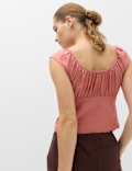 Pure Linen Square Neck Ruched Top