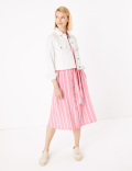 Linen Striped Belted Midi Shirt Dress
