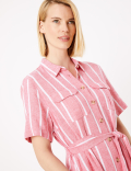 Linen Striped Belted Midi Shirt Dress