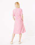 Linen Striped Belted Midi Shirt Dress