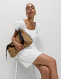 Linen Rich Puff Sleeve Mini Shift Dress