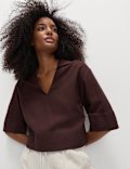 Linen Rich Collared Crop Top