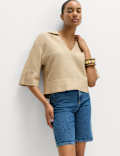Linen Rich Collared Crop Top