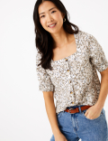 Pure Linen Floral Button Detail Blouse