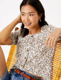 Pure Linen Floral Button Detail Blouse