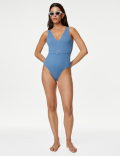 Ribbed Padded Belted Plunge Swimsuit
