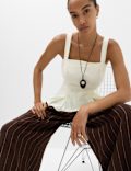 Pure Linen Square Neck Panelled Peplum Top