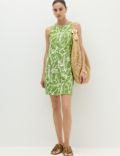 Linen Rich Printed Scallop Mini Shift Dress