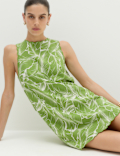 Linen Rich Printed Scallop Mini Shift Dress