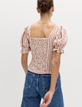 Linen Rich Printed Sweetheart Neck Top