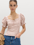 Linen Rich Printed Sweetheart Neck Top