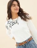 Pure Cotton Embroidered 3/4 Sleeve Top