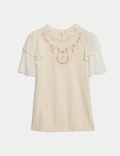 Pure Cotton Embroidered Crew Neck Top