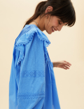 Pure Cotton Pintuck Ruffle Long Sleeve Top