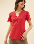 Pure Cotton Broderie V-Neck T-Shirt